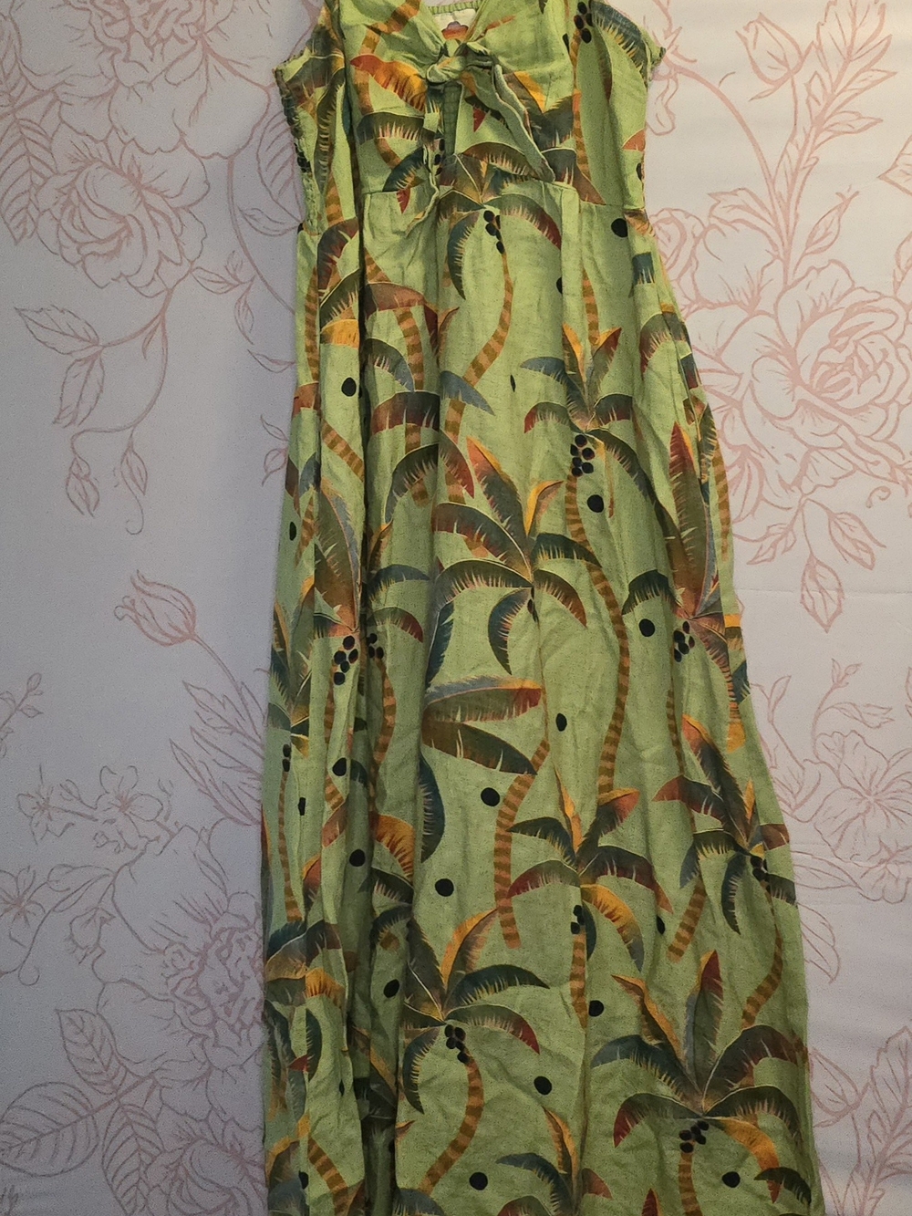 FARM Rio 100% Linen Palm-Print Maxi Dress with Smocked Back and Spaghetti Straps - Picture 2 of 8